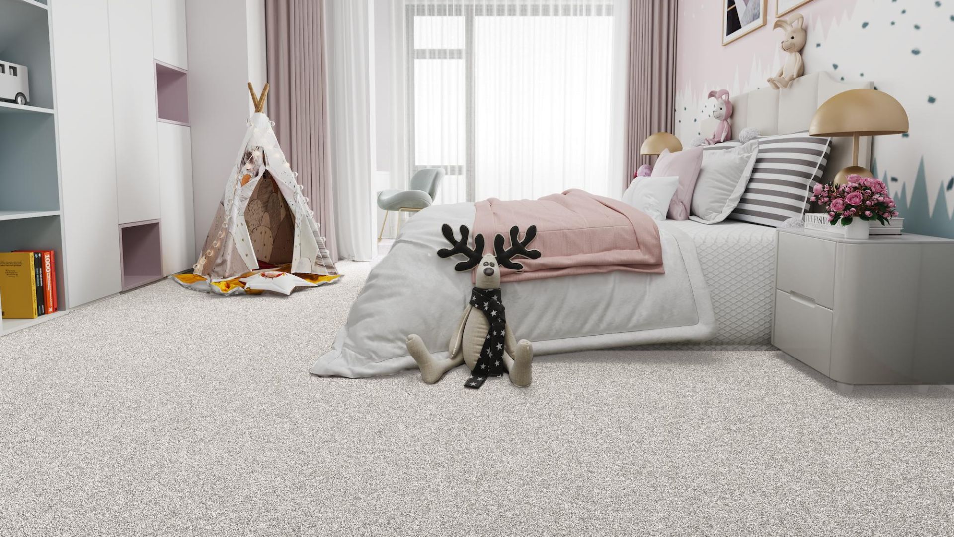 plush cozy off white carpets in a kids' bedroom with pink accents